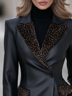 Faux Leather Leopard Velvet Trim Blazer