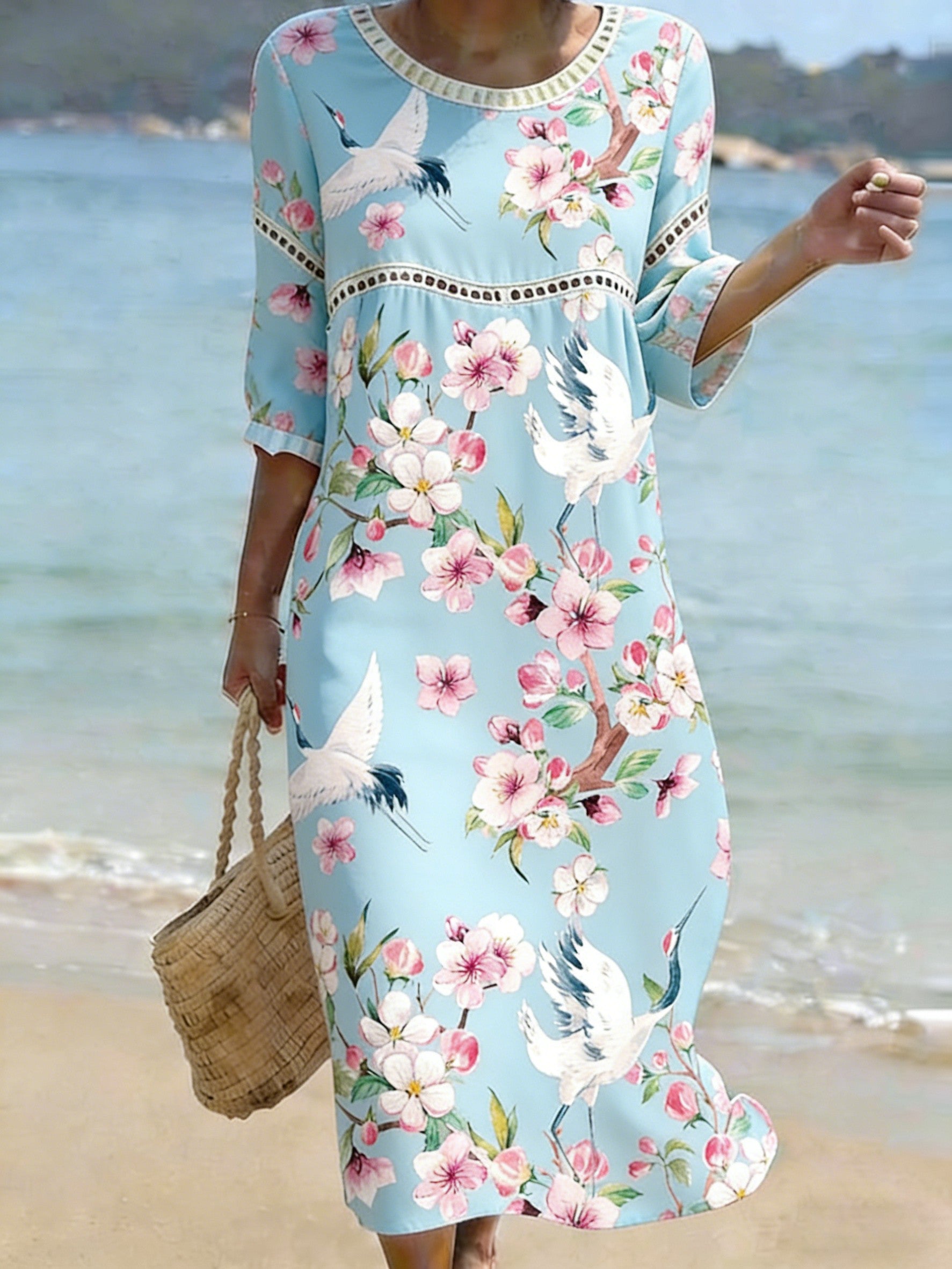 Women's Chinese Style Print Crew Neck Cotton Pocket Dress