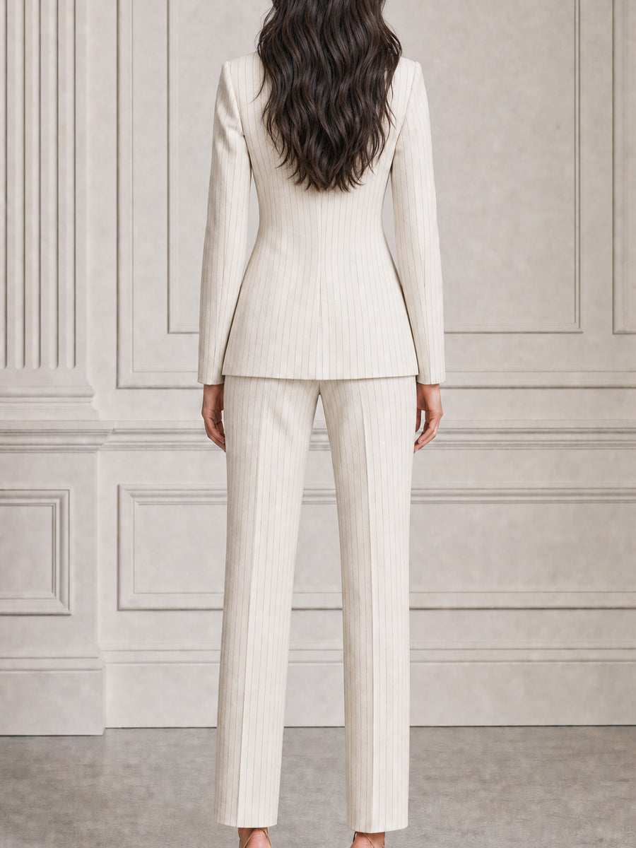 Pinstripe Shawl Collar Blazer & Straight-Leg Trousers Suit