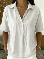 Casual Polo Collar Short-sleeved Linen And Cotton Shirt