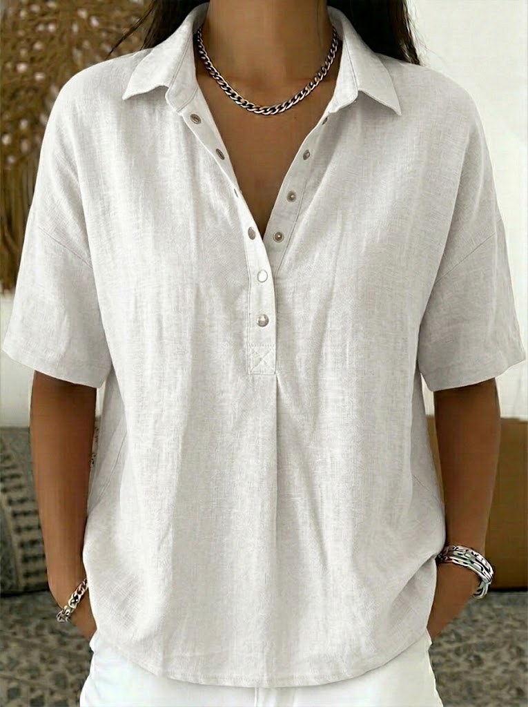 Casual Polo Collar Short-sleeved Linen And Cotton Shirt