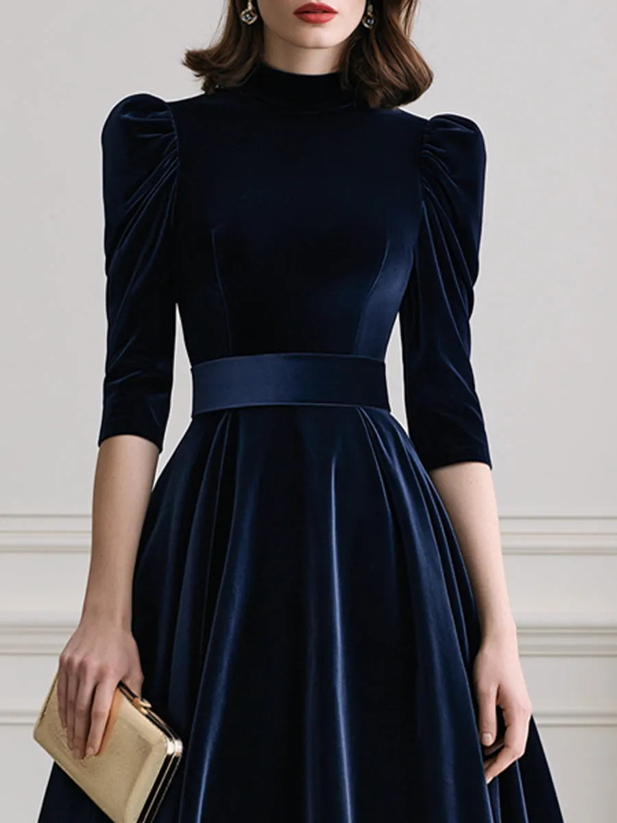 Elegant Velvet Puff Sleeve High Neck A Line Midi Dress