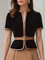 Contrast Trim Peplum Blazer And Pleated A-Line Skirt Set