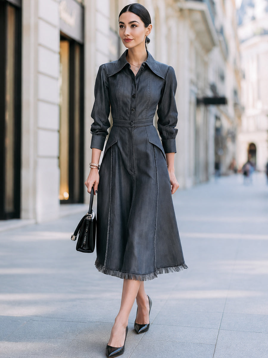 Washed Denim Shirt Dress With Frayed Hem Detail