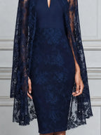 Navy Lace High Neck Keyhole Pencil Dress
