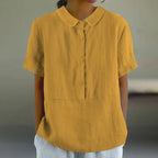 Solid Color Cotton And Linen Lapel Short Sleeved Casual Blouse