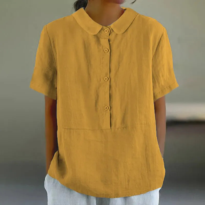Solid Color Cotton And Linen Lapel Short Sleeved Casual Blouse