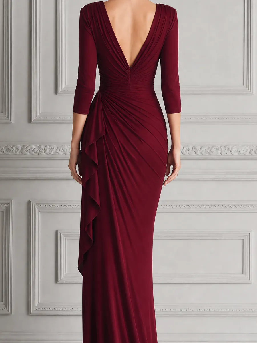 Burgundy Red Dress Fall Wedding Guest Dress Draped Slit Maxi Dress