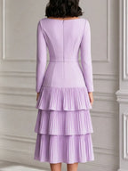 Lilac Spliced Tiered Pleated Boat Neck Midi Dress