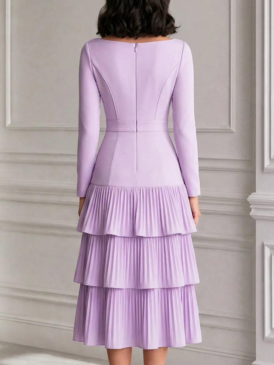 Lilac Spliced Tiered Pleated Boat Neck Midi Dress
