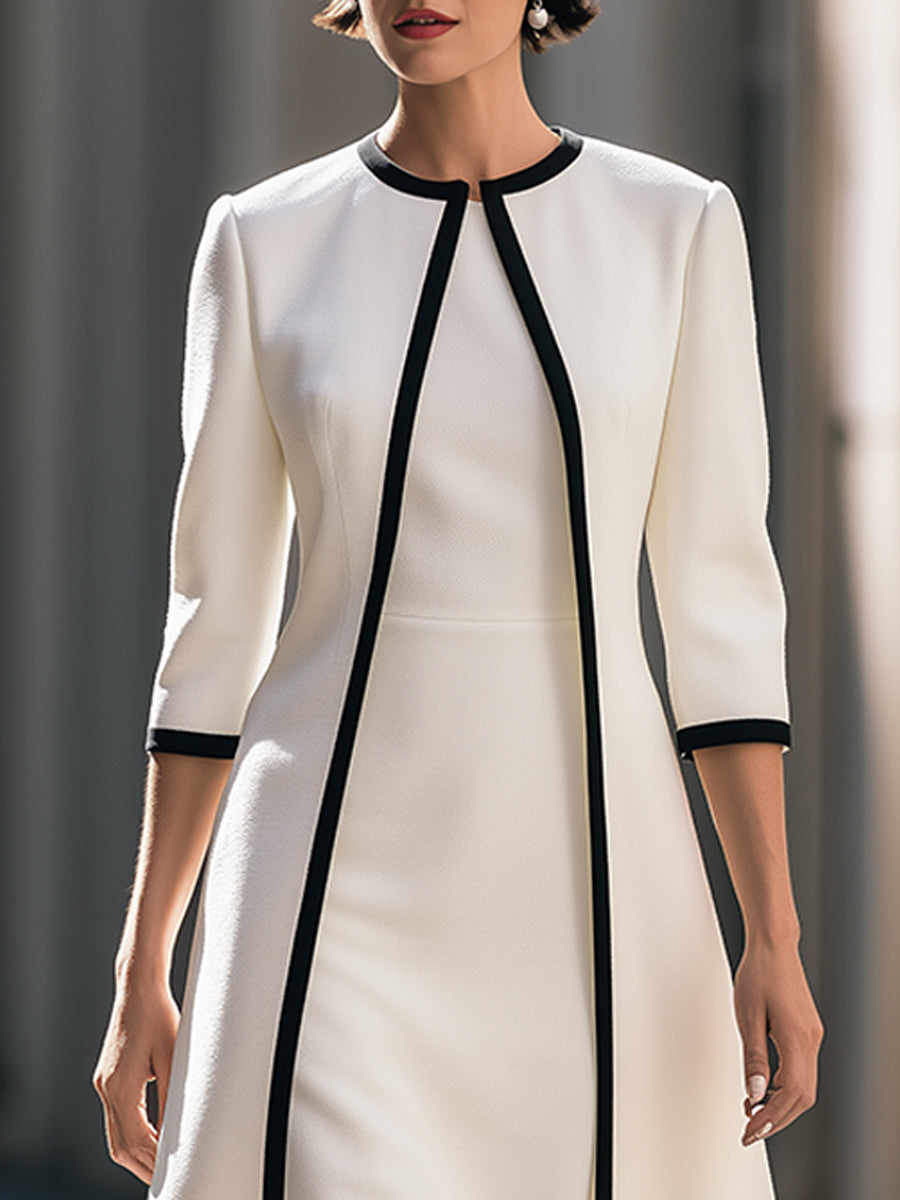Contrast Trim Coat And Midi Dress Set