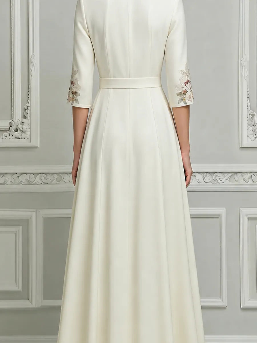 White A-Line Maxi Dress With Mandarin Collar