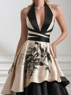Floral Contrast Halter Tiered Satin Evening Gown