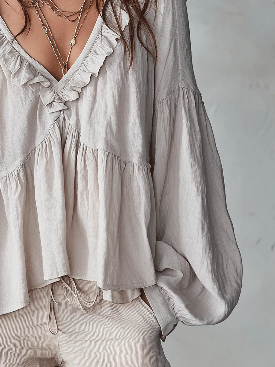Women's Solid Color Retro Ruffled Casual Cotton Linen Shirt