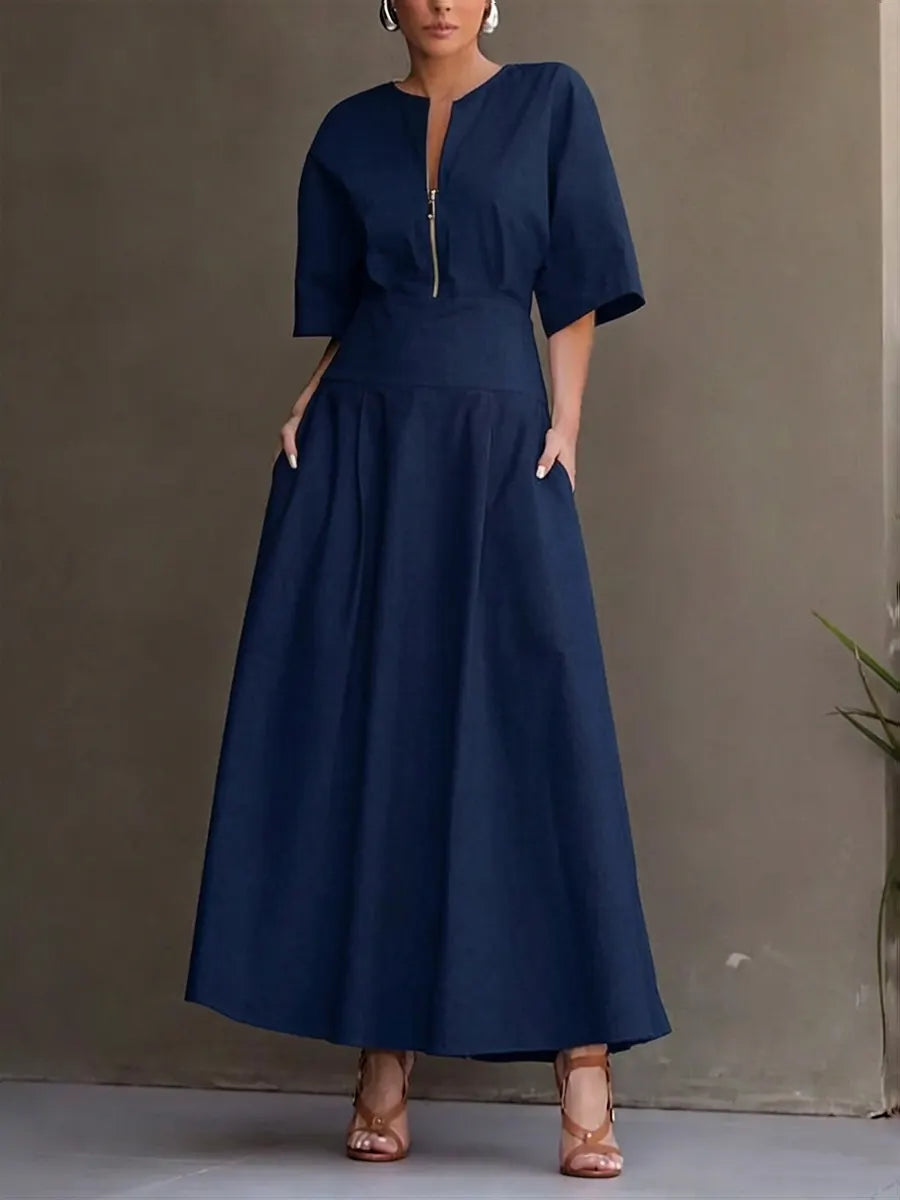 Women's Solid-color Round-neck 3/4-sleeve Casual Loose Cotton-linen Dress