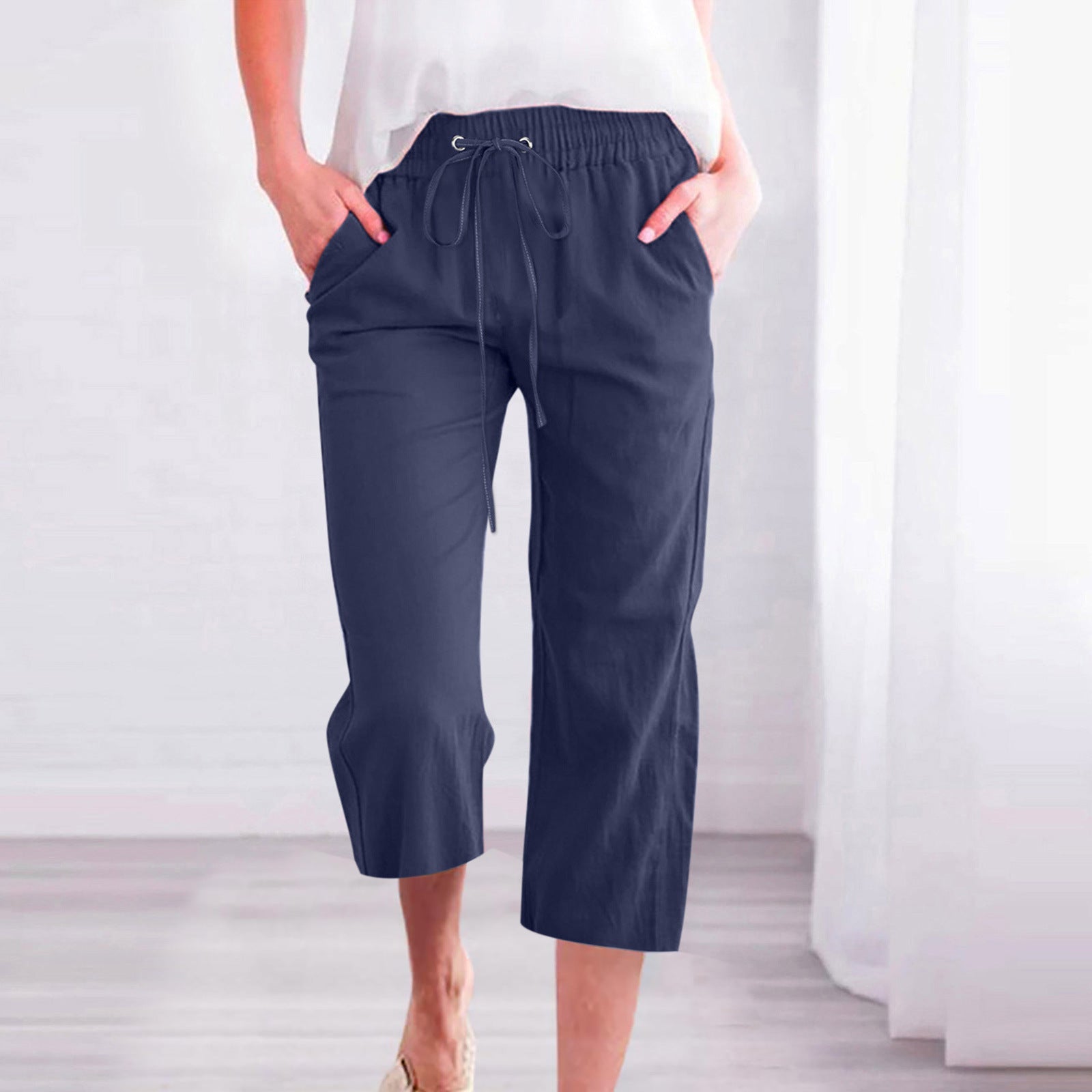 Women's Casual Summer Linen Pants High Waisted Loose Yoga Sweatpants Crop Pants with Pockets