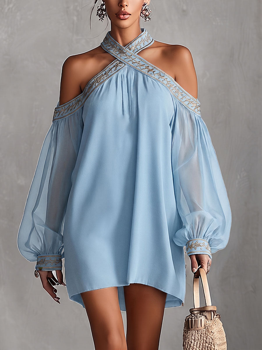 Women's Long-Sleeve Halterneck Casual Loose Chiffon Dress
