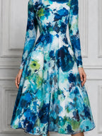 White Blue Green Watercolor Floral Print Long Sleeve A-Line Midi Dress