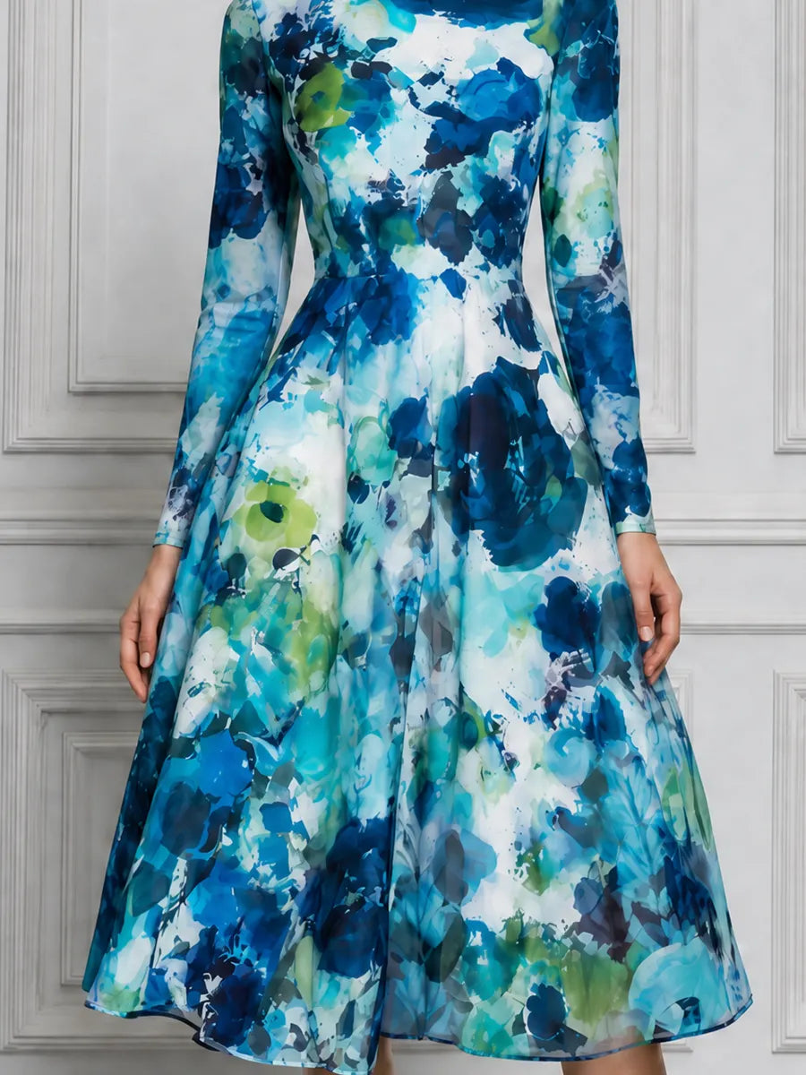 White Blue Green Watercolor Floral Print Long Sleeve A-Line Midi Dress