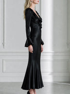 Satin Plunge Ruffle-Neck Flare-Cuff Mermaid Maxi Dress