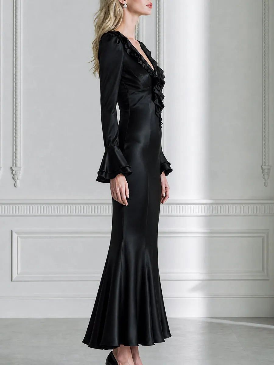 Satin Plunge Ruffle-Neck Flare-Cuff Mermaid Maxi Dress