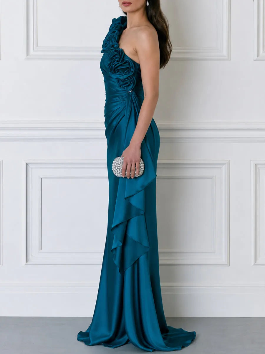 Teal Satin One-Shoulder Floral Applique Draped Evening Gown with Ruffle Slit