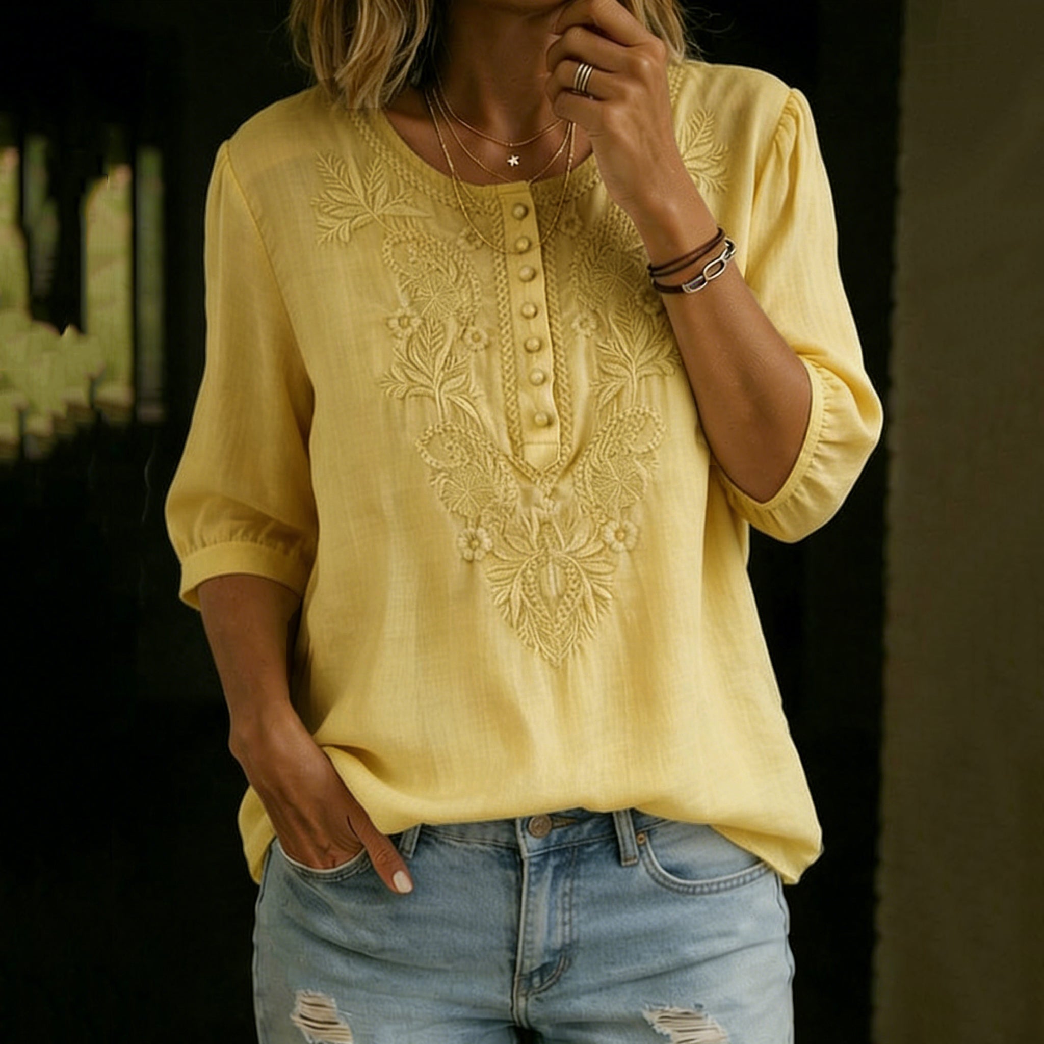 Women's Vintage Floral Embroidery Linen Shirt