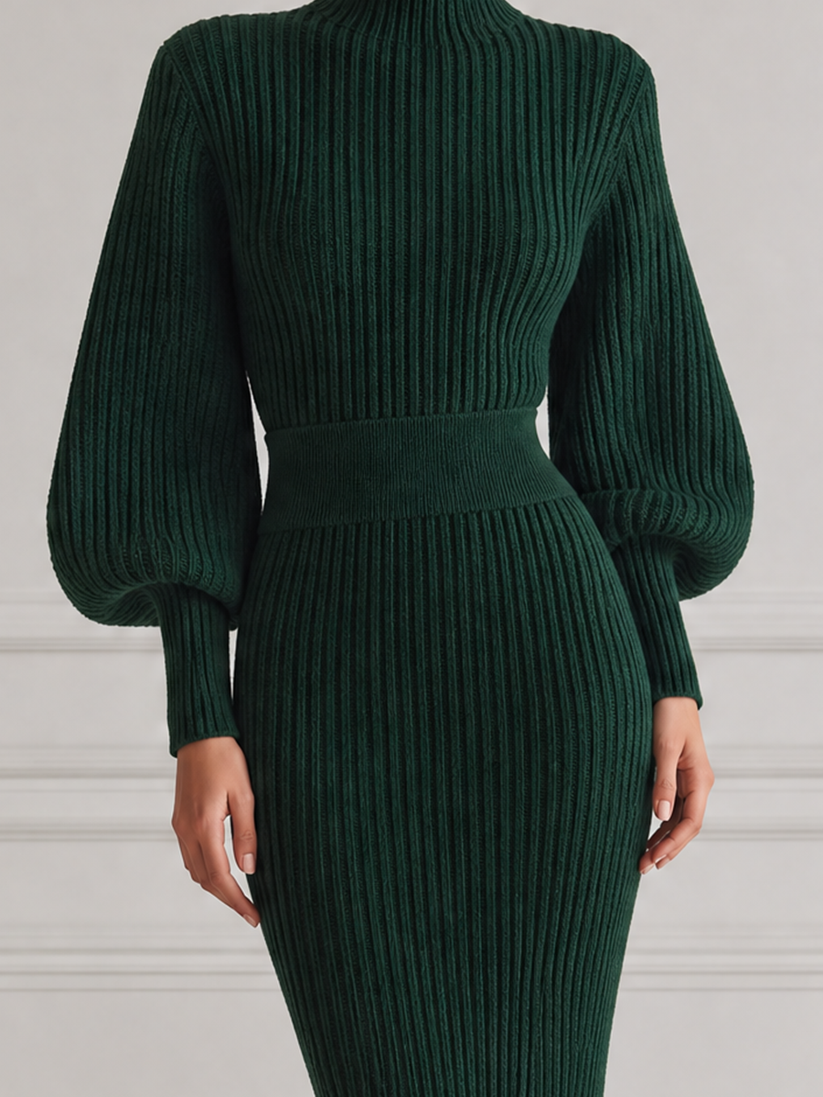 Green Dress Stockholm Style Fall Fashion Ribbed Knit Pencil Midi Dress