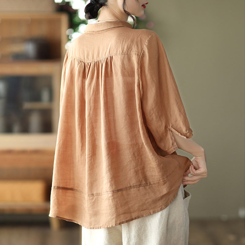 Vintage Colored Buttons Cotton Linen Solid Comfy Blouse
