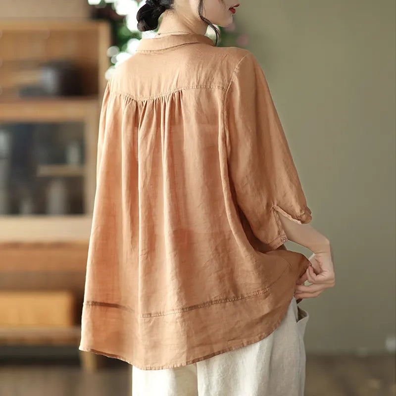 Vintage Colored Buttons Cotton Linen Solid Comfy Blouse
