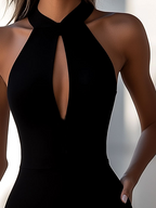 ship in 24 hrs Chic Halter Neck Key-hole Black Bodycon Dress