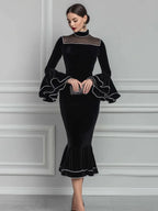 Velvet Mock-Neck Mesh-Yoke Ruffle-Sleeve Mermaid Midi Dress