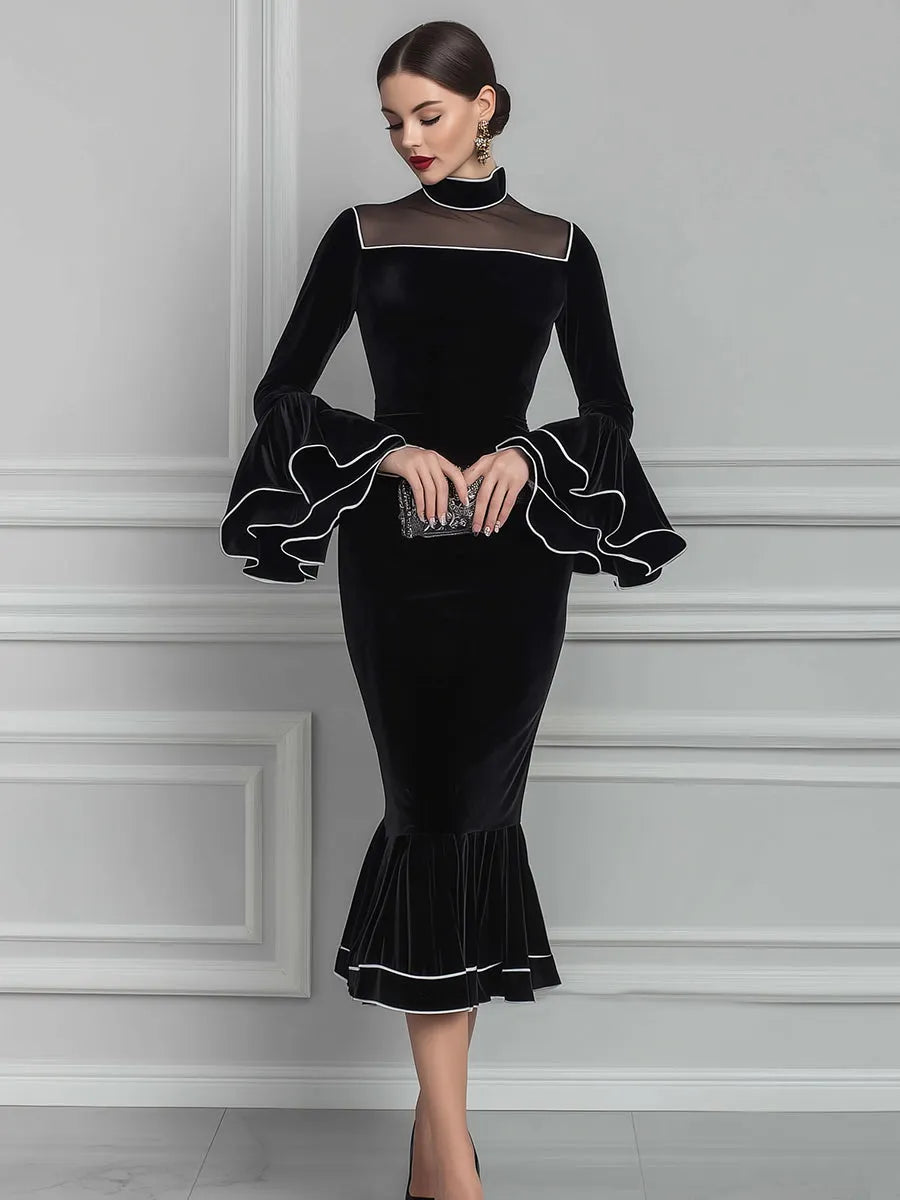 Velvet Mock-Neck Mesh-Yoke Ruffle-Sleeve Mermaid Midi Dress