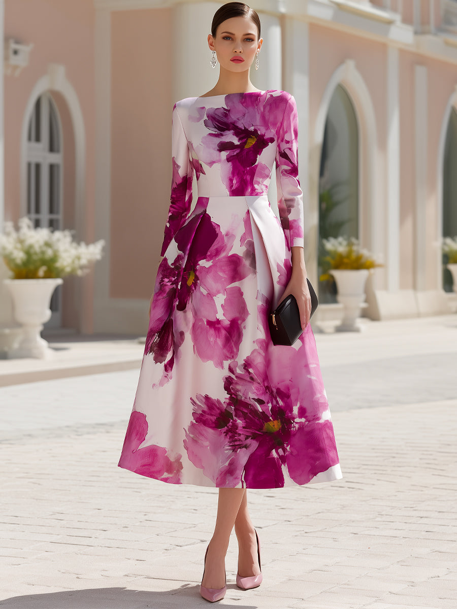 Floral Print Long Sleeve A-Line Midi Dress