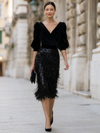 Velvet Puff Sleeve Sequin Fringe Midi Cocktail Dress