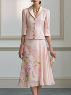 Tweed Shawl-Collar Jacket & Floral Chiffon Midi Skirt Set