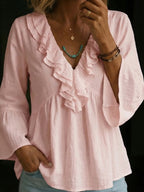 Women's Lace-trimmed V-neck Ruffled Sleeves Cotton Top