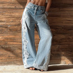Vintage Bohemian Lace-paneled Distressed Washed Denim Jeans