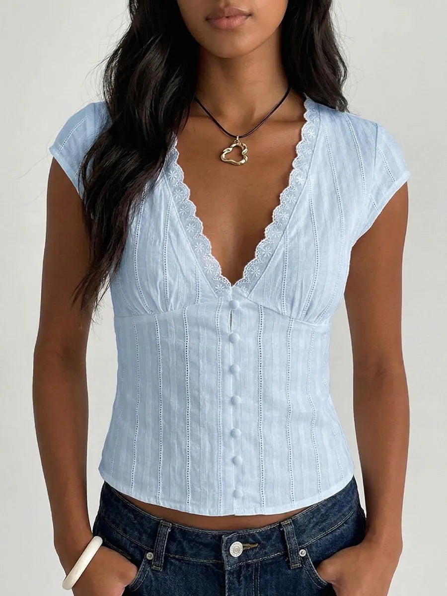 Women's V-neck Lace-trimmed Top
