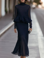 Peplum High-Neck Knit Top & Mermaid Maxi Skirt Two-Piece Set