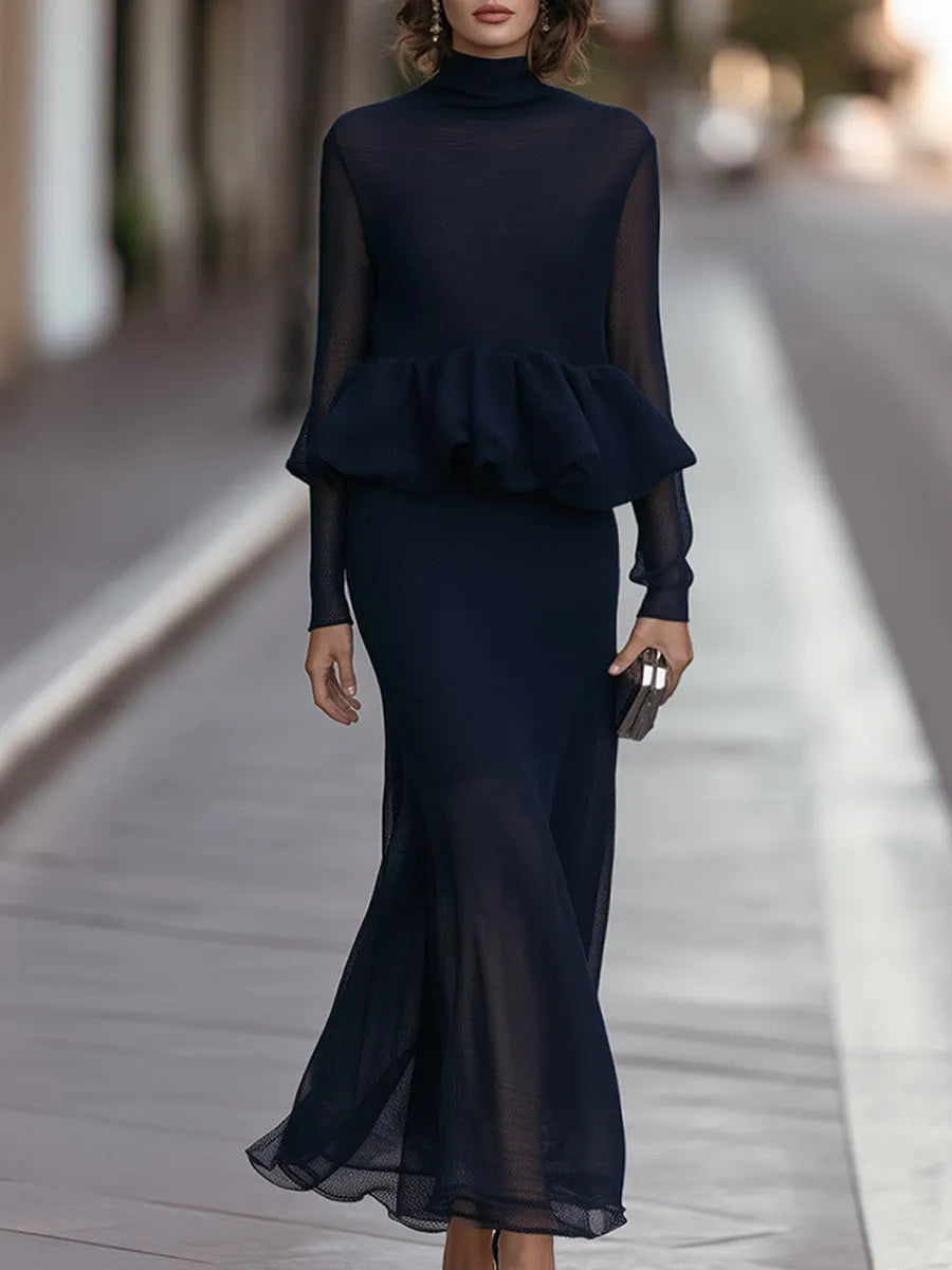 Peplum High-Neck Knit Top & Mermaid Maxi Skirt Two-Piece Set