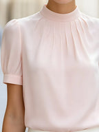 High-Neck Pleated Puff Sleeve Blouse