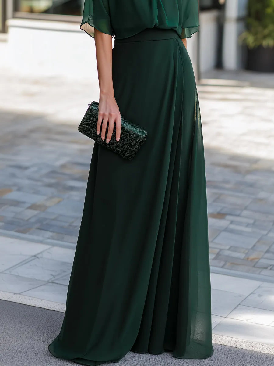 Gathered Neck Chiffon Blouse And Pleated Maxi Skirt Set