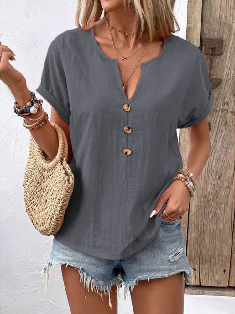 Women's Solid Color Button Linen V-neck T-shirt