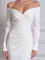 White Dress Off Shoulder Ruched Wrap Pencil Midi Dress