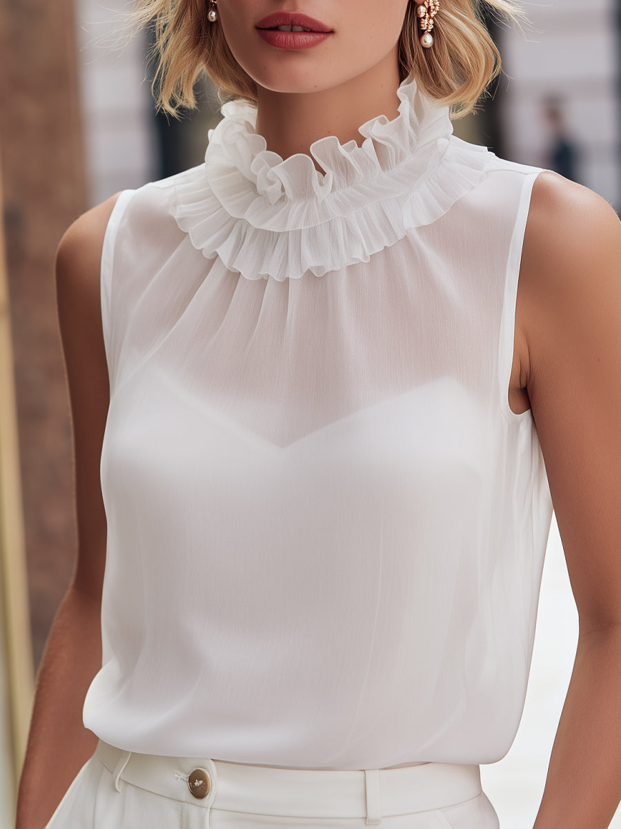 Sheer Ruffle Neck Sleeveless Blouse