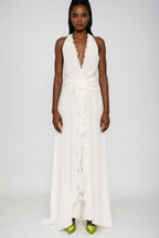 Aradhya Flower Ruffle Halter Neck Mesh Maxi Dress In White