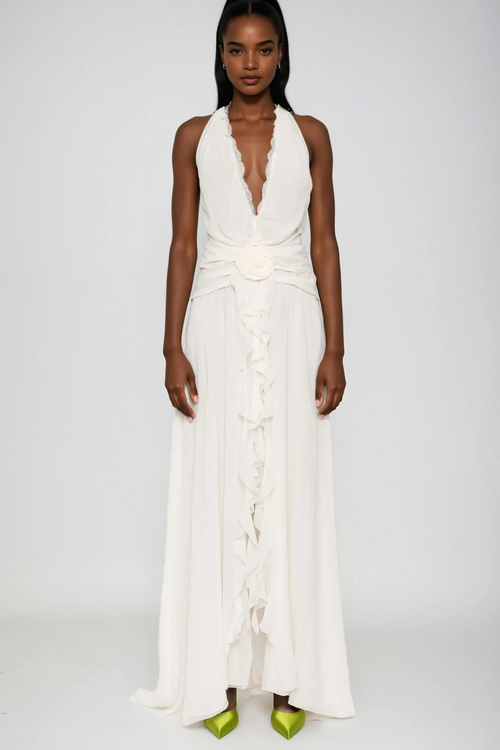 Aradhya Flower Ruffle Halter Neck Mesh Maxi Dress In White