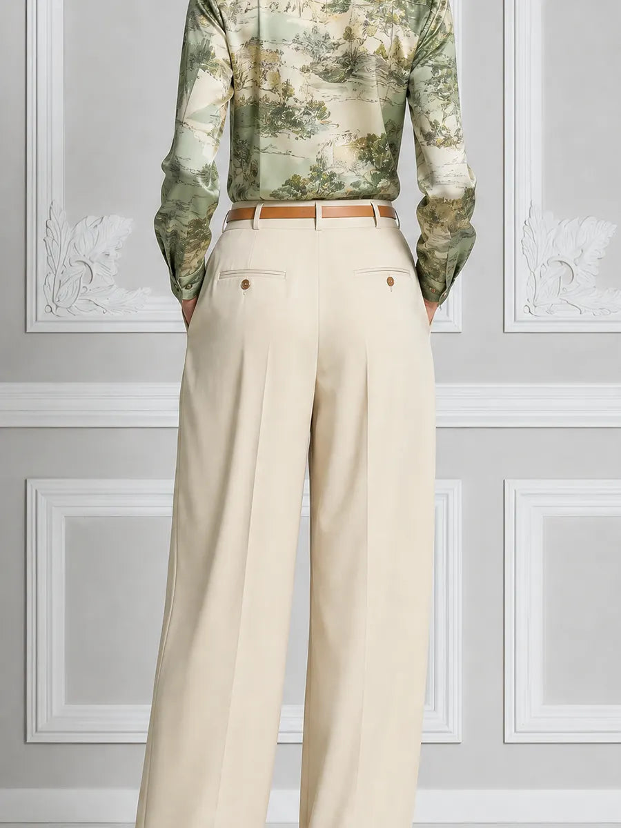 Sage Scenic Satin Blouse & Ivory Pleated Wide Leg Pants Set