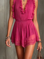 Ruffle Trim Pleated Chiffon Lace Jumpsuit
